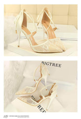 Mesh Detailed Ankle Strap Pointy Toe Heels