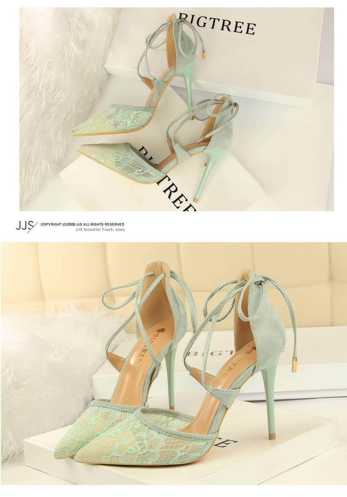 Mesh Detailed Ankle Strap Pointy Toe Heels