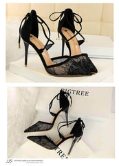 Mesh Detailed Ankle Strap Pointy Toe Heels