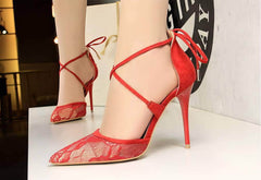 Mesh Detailed Ankle Strap Pointy Toe Heels