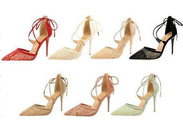 Mesh Detailed Ankle Strap Pointy Toe Heels