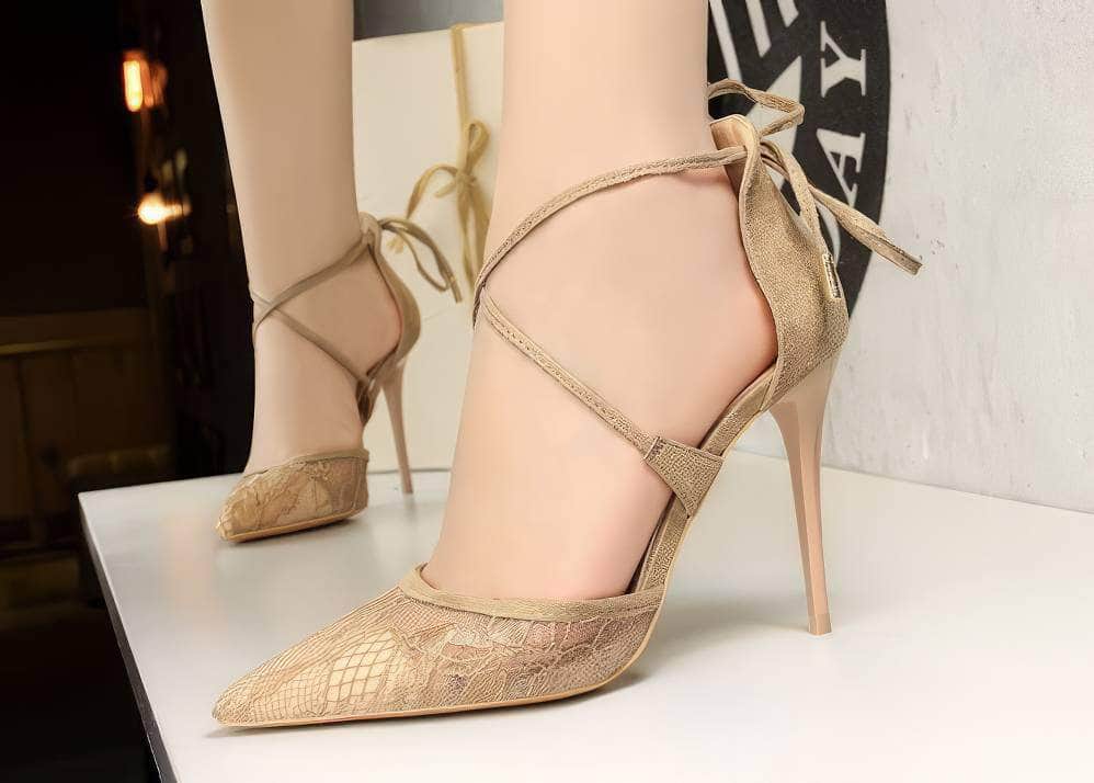 Mesh Detailed Ankle Strap Pointy Toe Heels