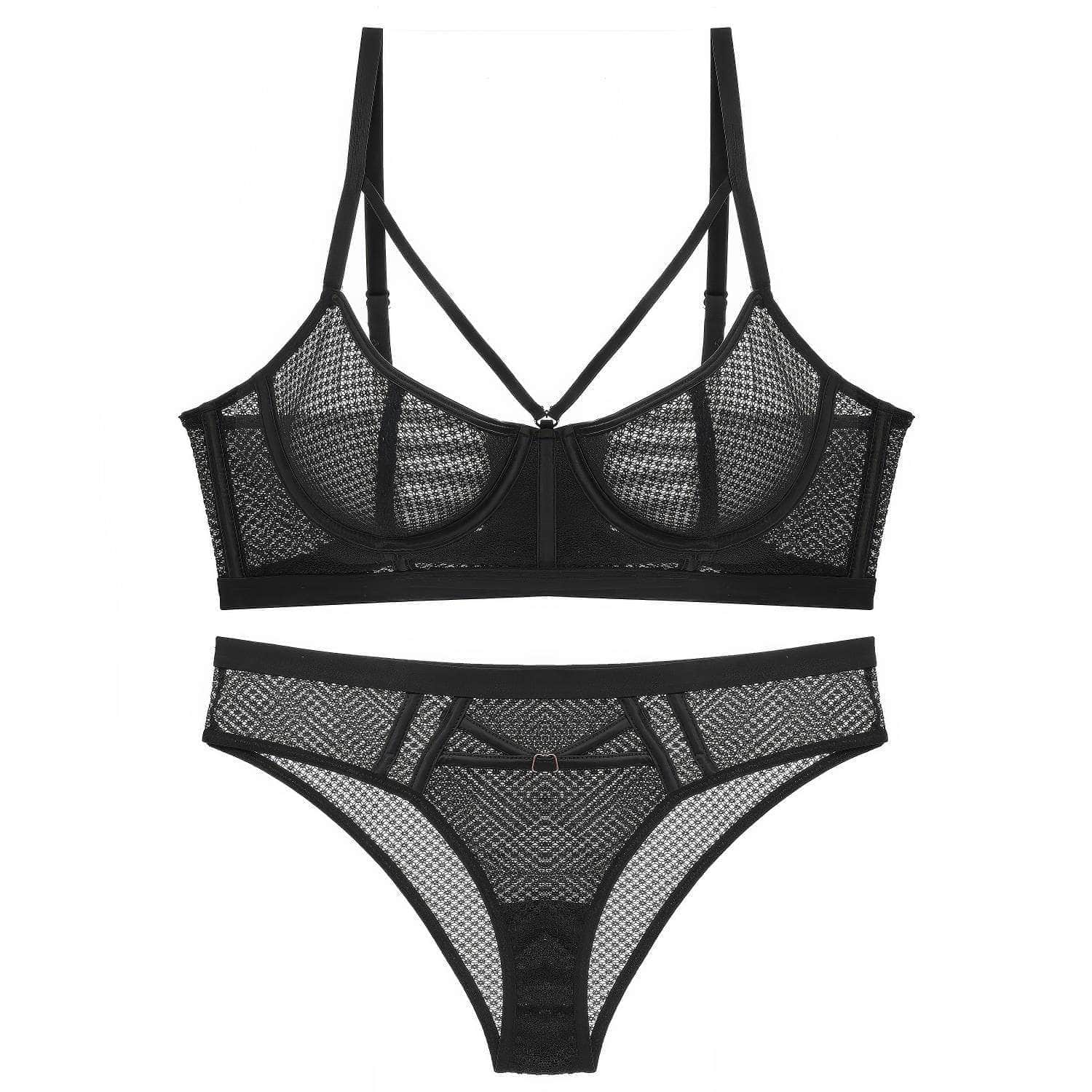 Mesh Embroidered Bra Panty Set 70A / Black / Stretchy-MAX SIZE
