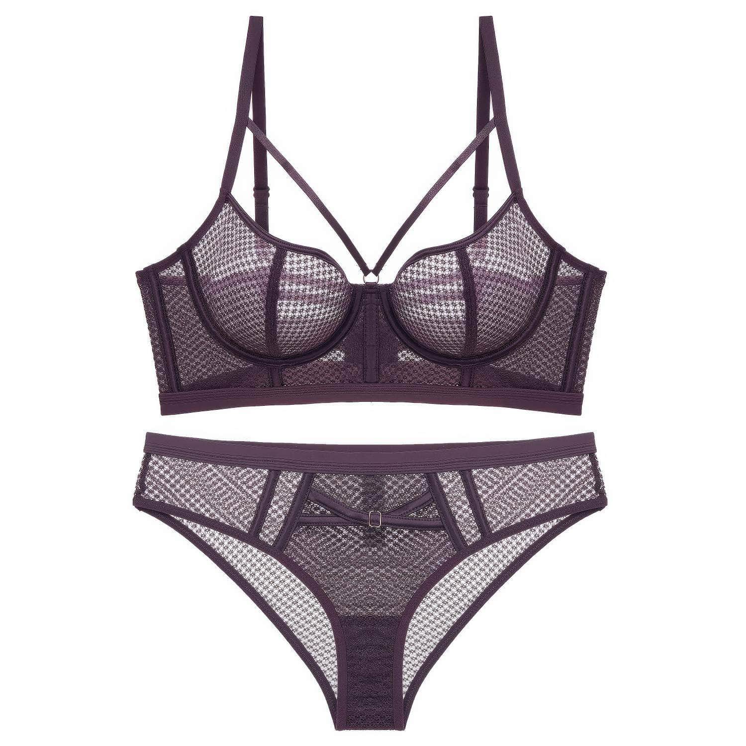 Mesh Embroidered Bra Panty Set 70A / Brown / Stretchy-MAX SIZE