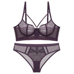 Mesh Embroidered Bra Panty Set 70A / Brown / Stretchy-MAX SIZE