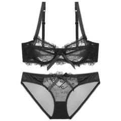 Mesh Floral Embroidered Bow Detailed Bra Panty Set