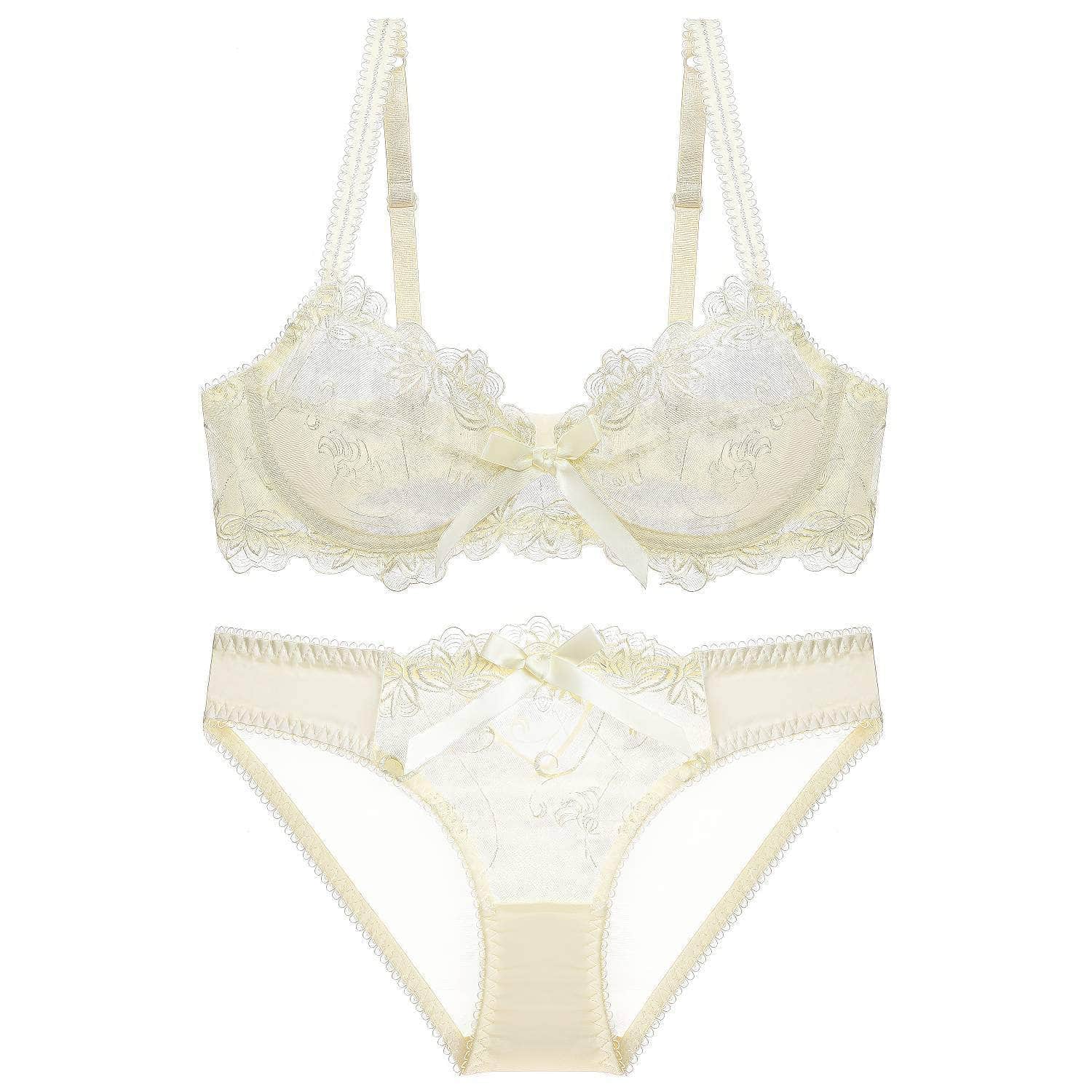Mesh Floral Embroidered Bow Detailed Bra Panty Set