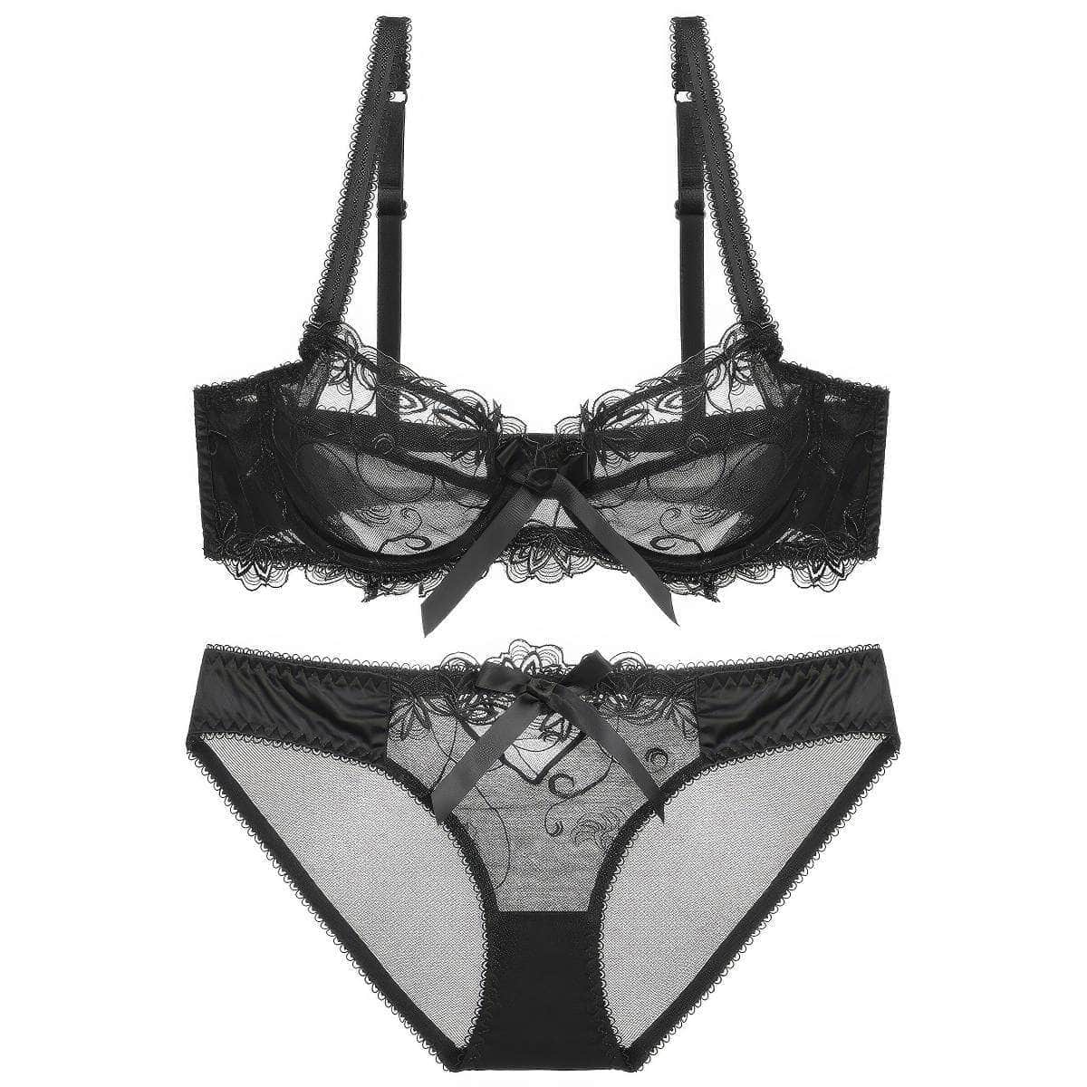 Mesh Floral Embroidered Bow Detailed Bra Panty Set 70A / Black