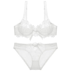 Mesh Floral Embroidered Bow Detailed Bra Panty Set 70A / White
