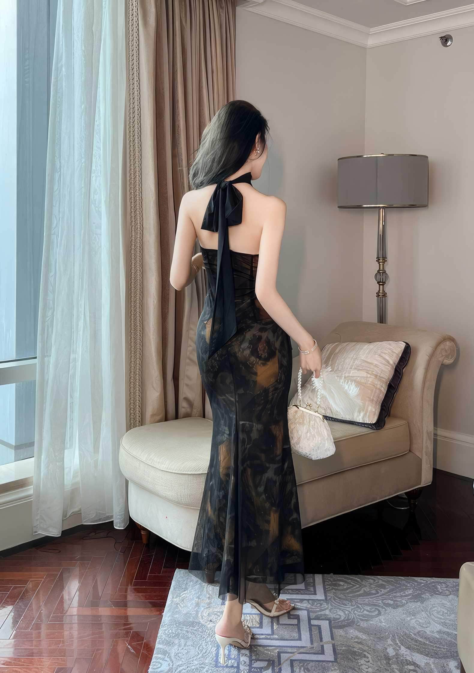 Mesh Halter Neck Vintage Ruffled Dress