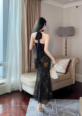 Mesh Halter Neck Vintage Ruffled Dress