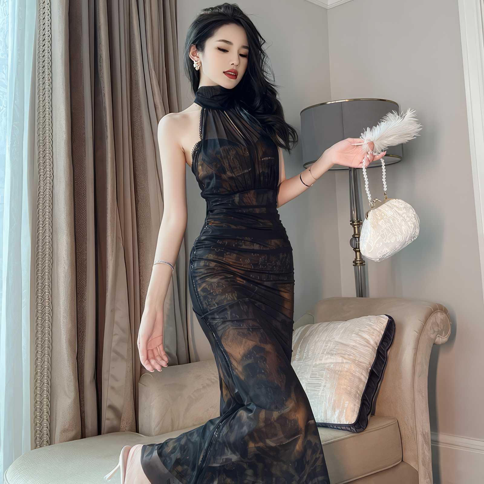 Mesh Halter Neck Vintage Ruffled Dress