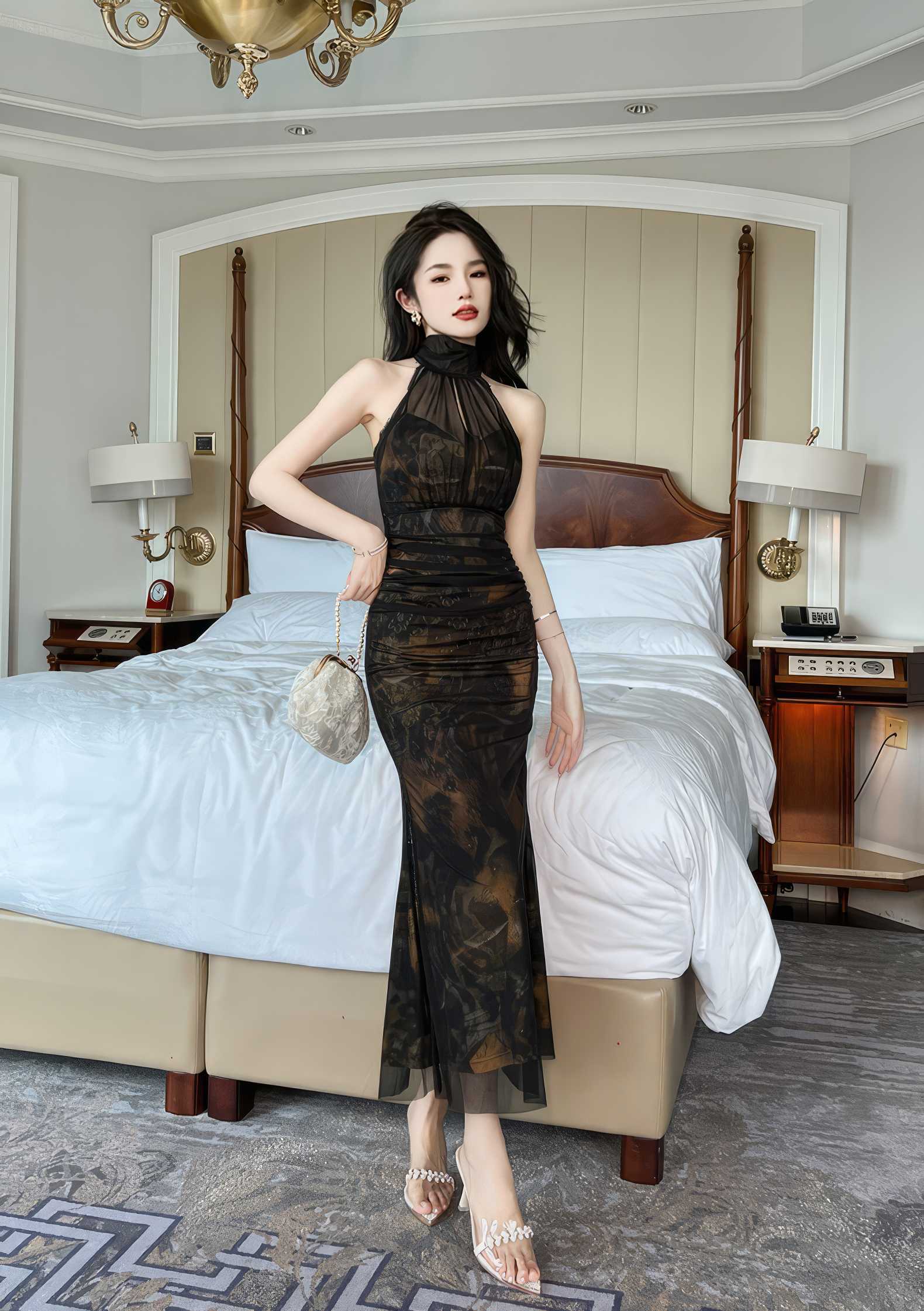 Mesh Halter Neck Vintage Ruffled Dress