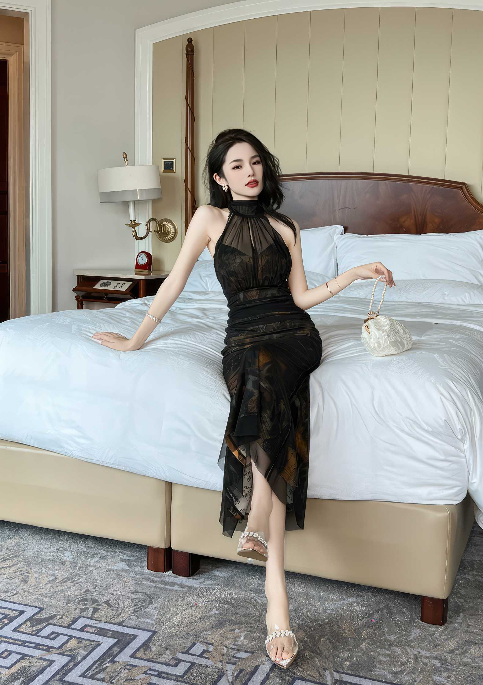 Mesh Halter Neck Vintage Ruffled Dress