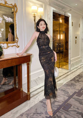 Mesh Halter Neck Vintage Ruffled Dress