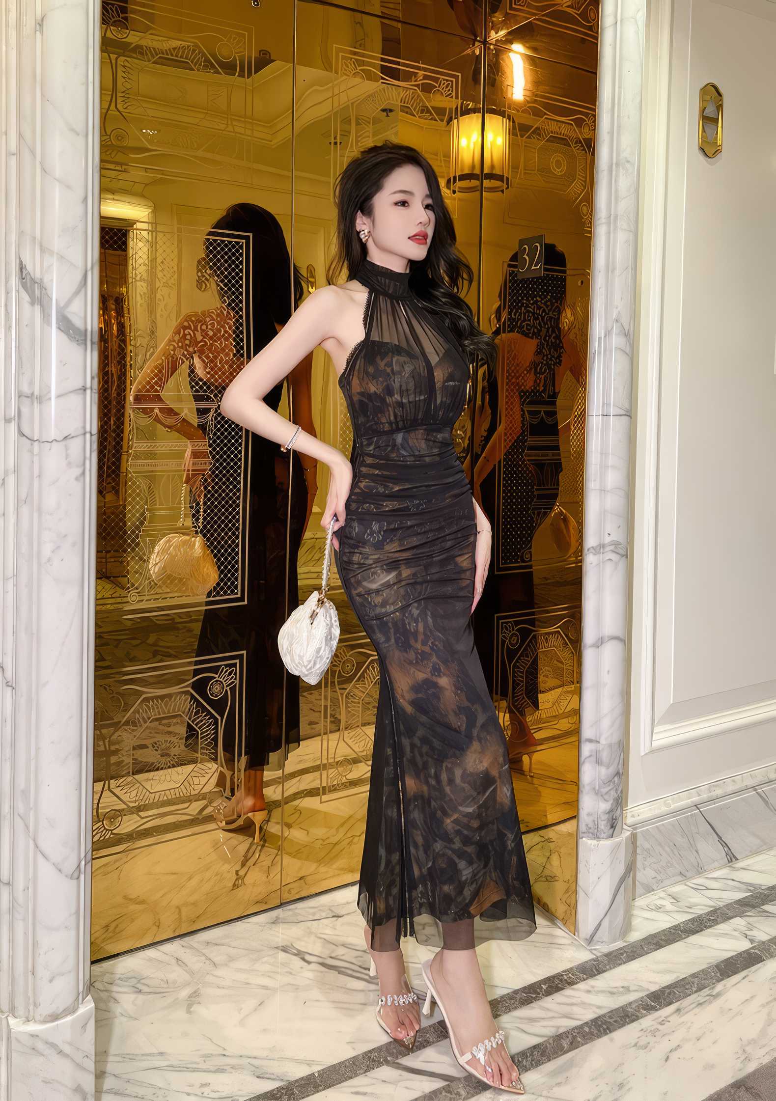 Mesh Halter Neck Vintage Ruffled Dress