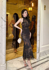 Mesh Halter Neck Vintage Ruffled Dress