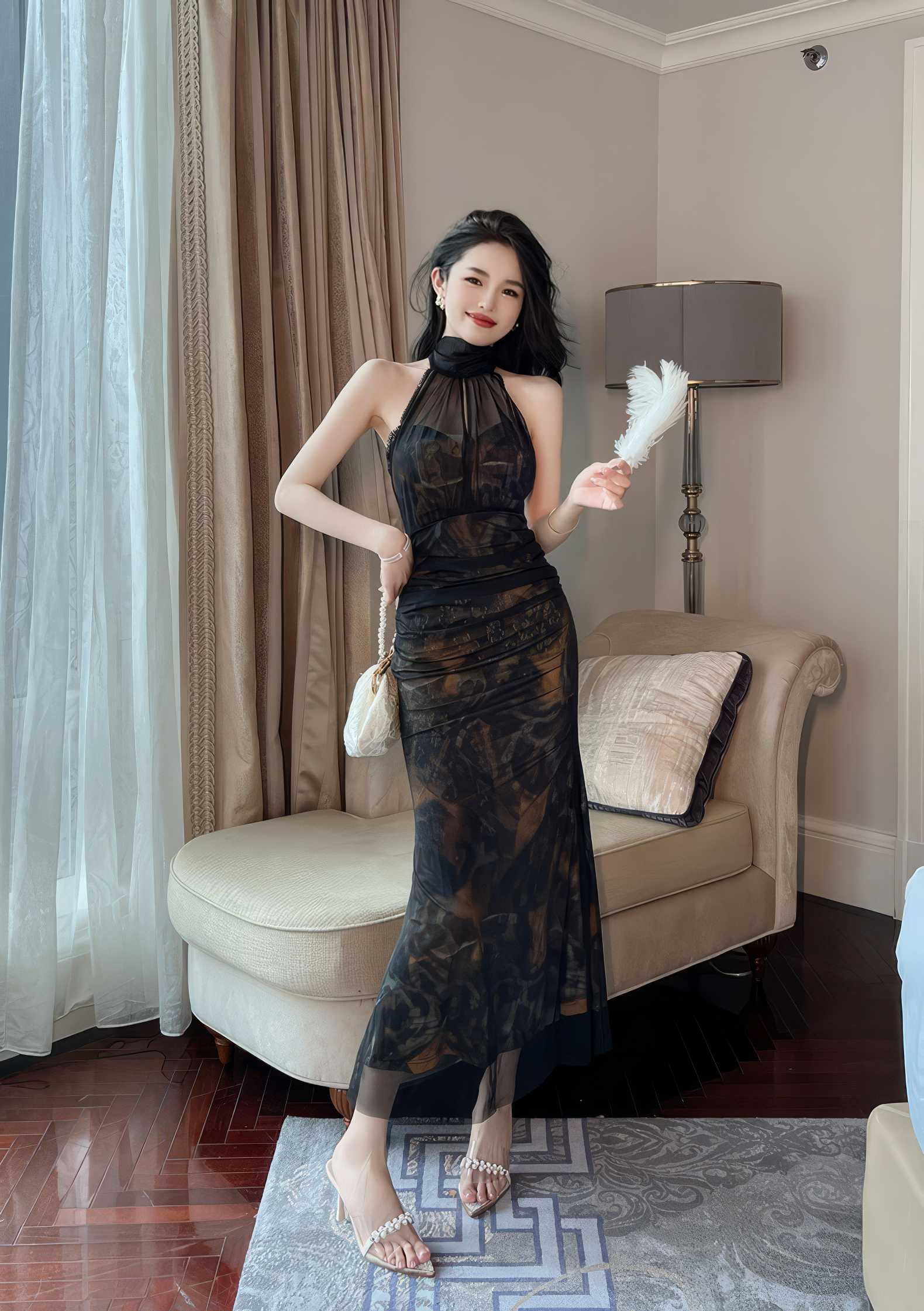 Mesh Halter Neck Vintage Ruffled Dress