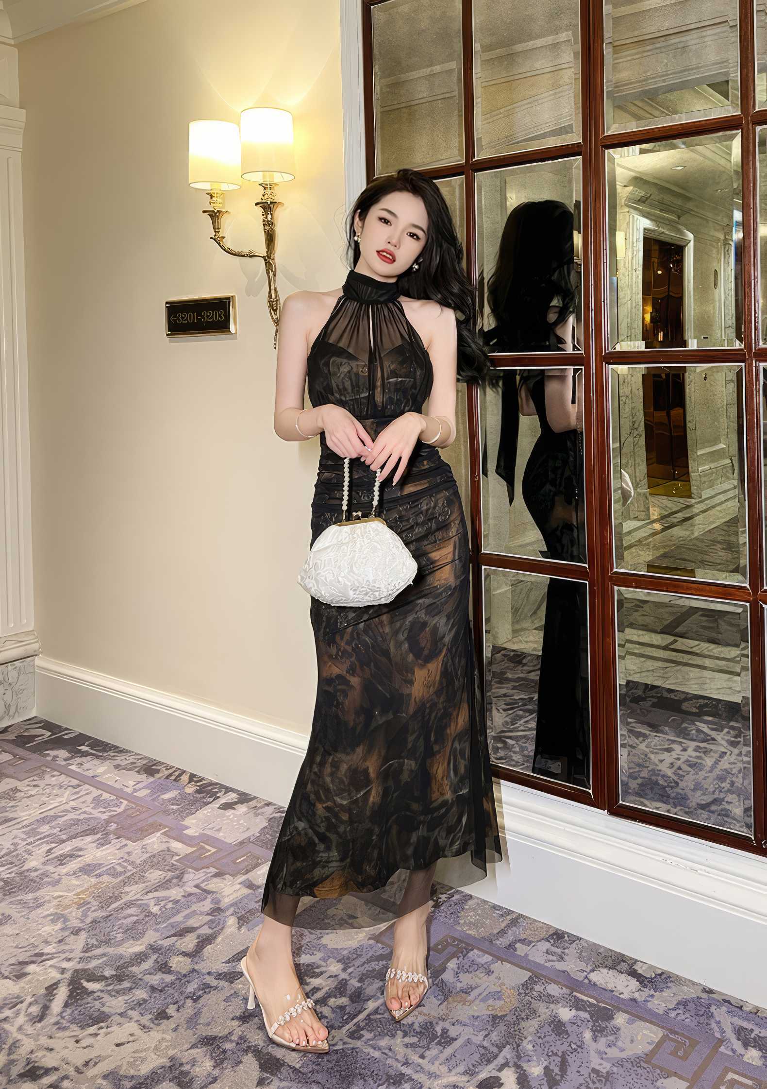 Mesh Halter Neck Vintage Ruffled Dress
