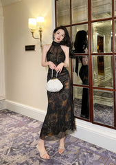 Mesh Halter Neck Vintage Ruffled Dress