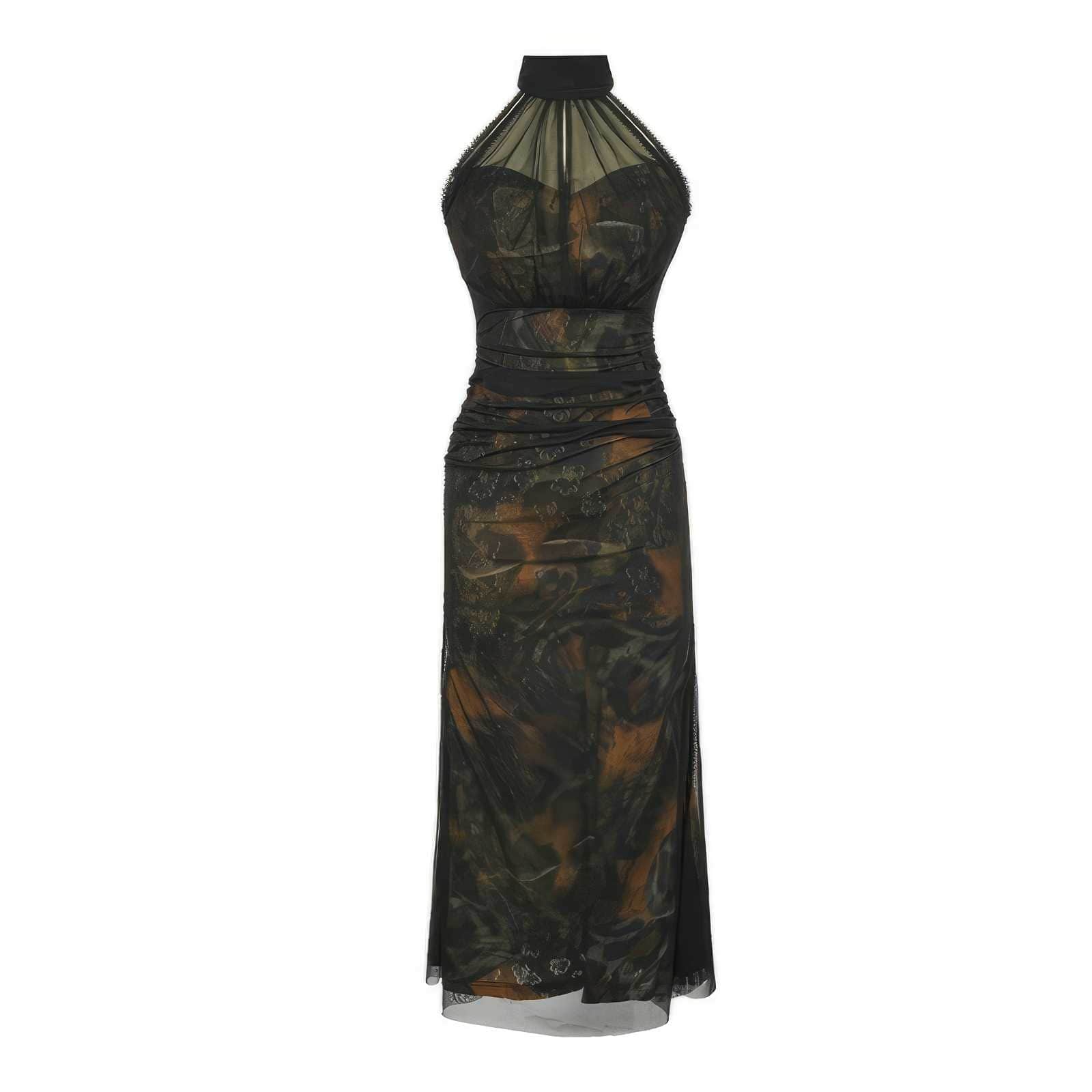 Mesh Halter Neck Vintage Ruffled Dress