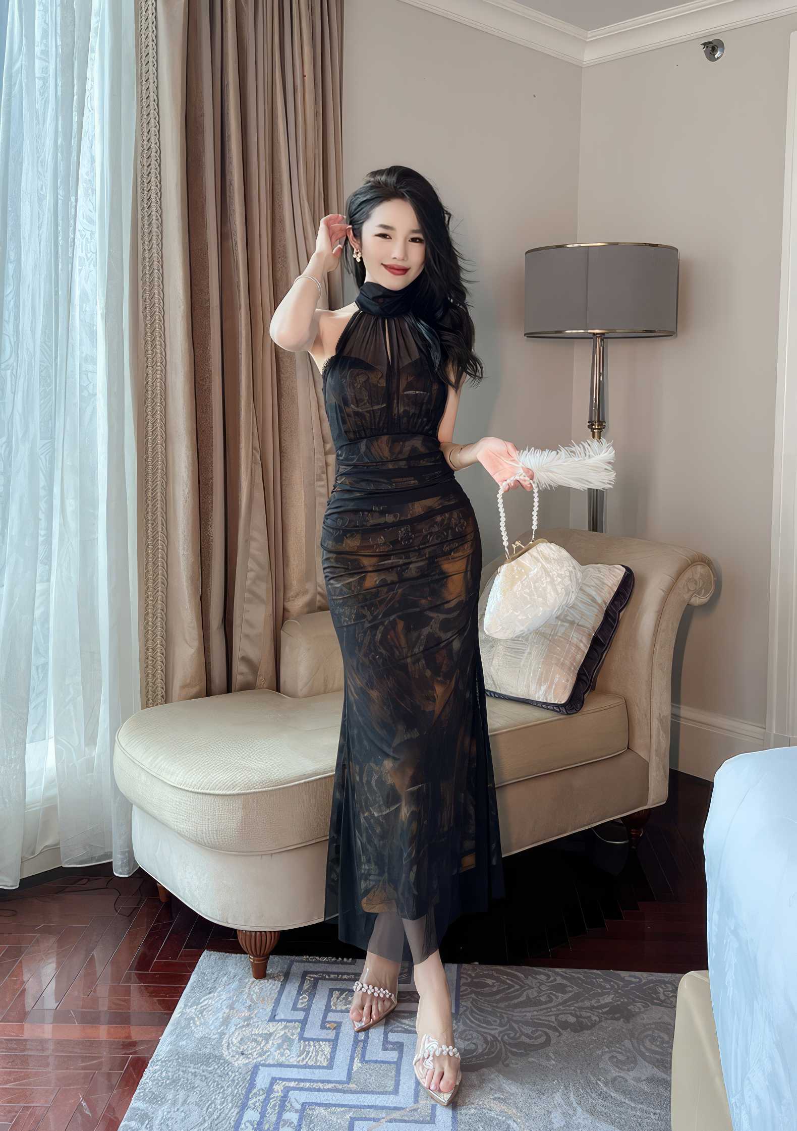 Mesh Halter Neck Vintage Ruffled Dress