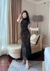 Mesh Halter Neck Vintage Ruffled Dress