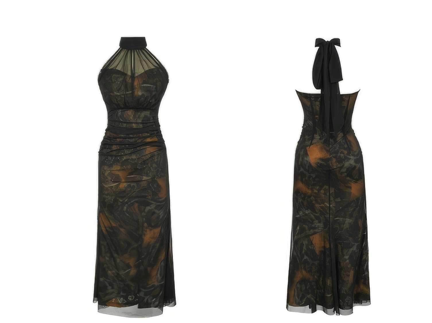 Mesh Halter Neck Vintage Ruffled Dress