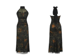 Mesh Halter Neck Vintage Ruffled Dress