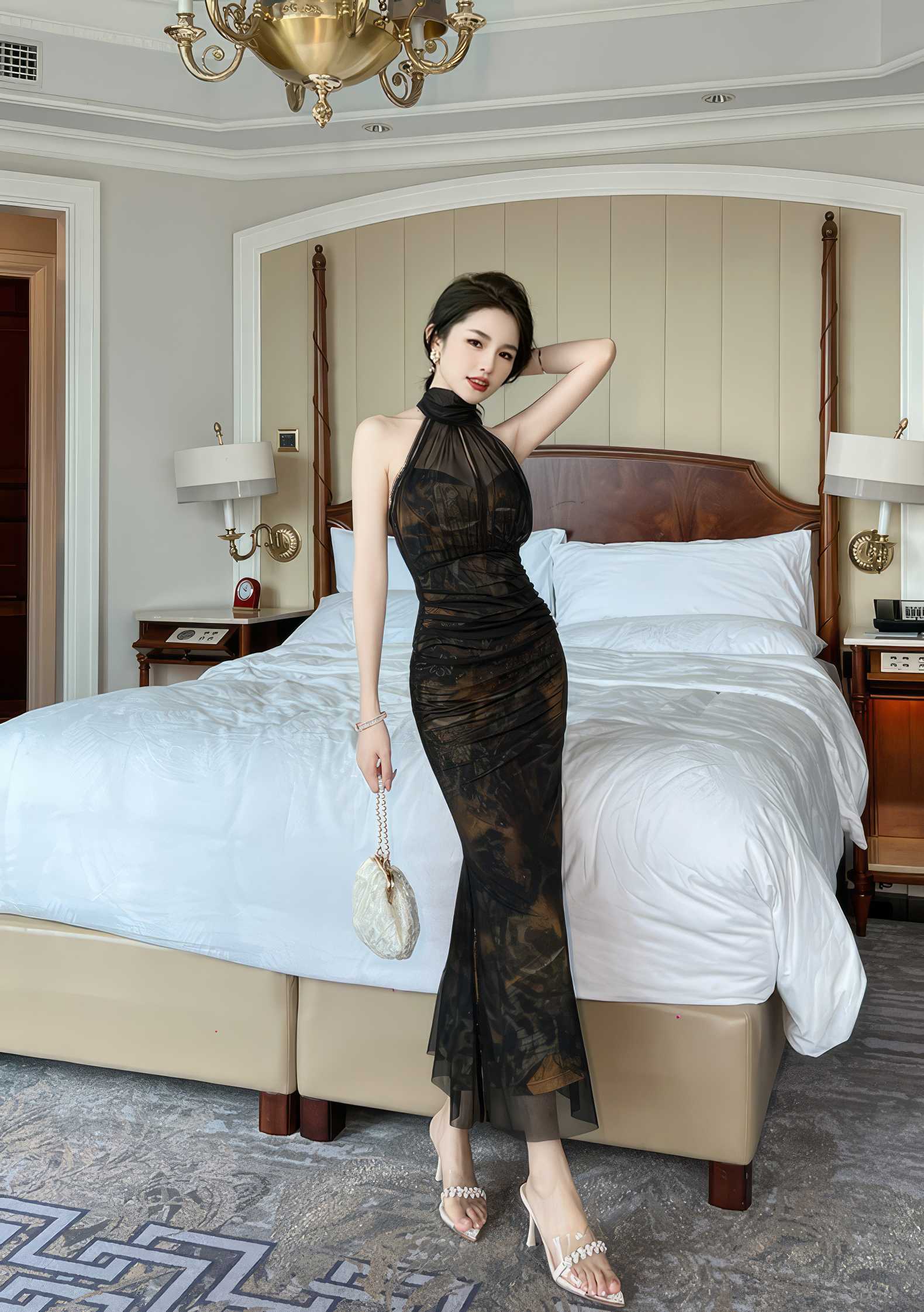 Mesh Halter Neck Vintage Ruffled Dress