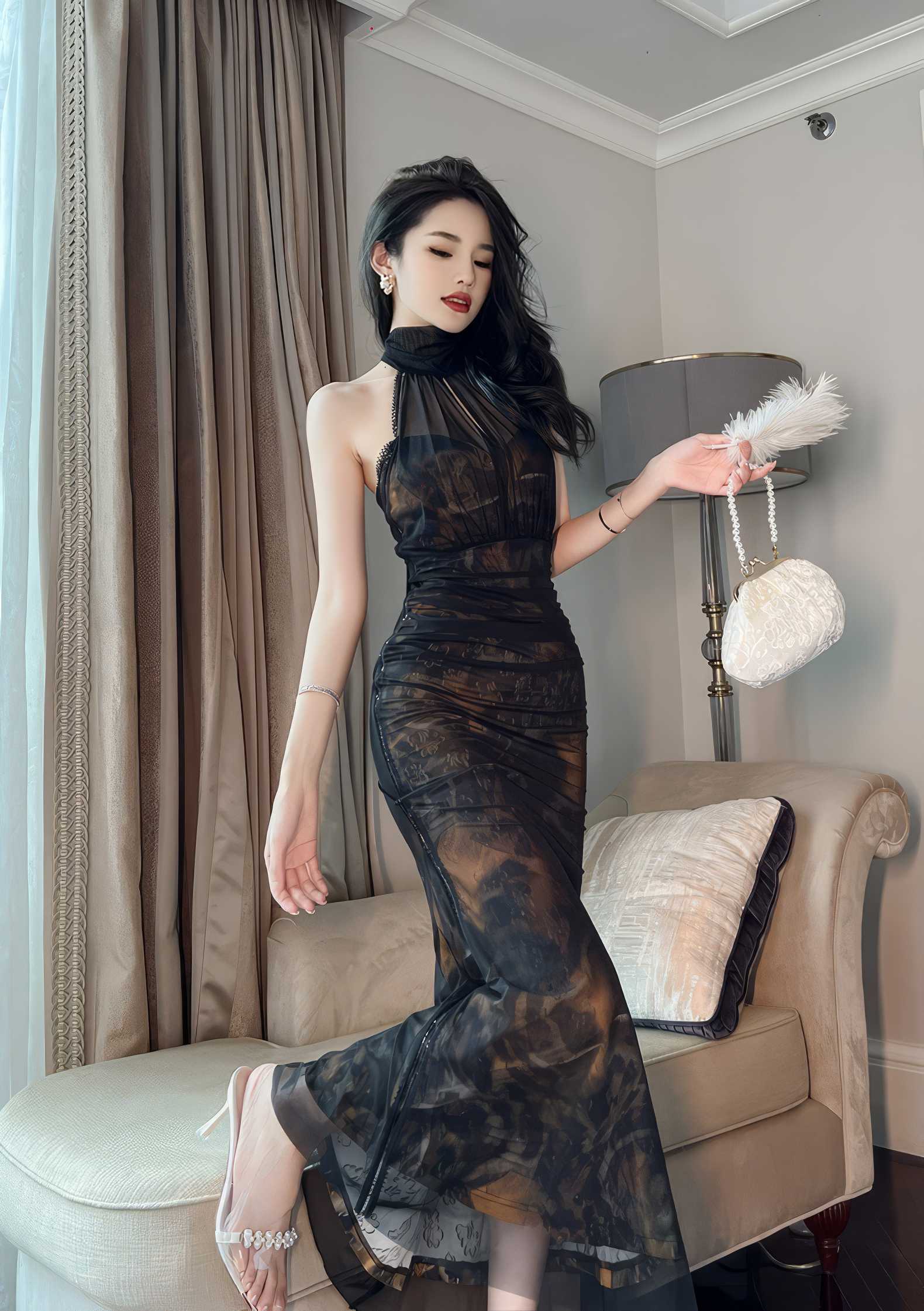 Mesh Halter Neck Vintage Ruffled Dress