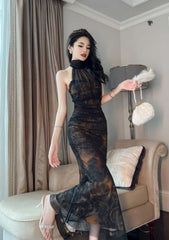 Mesh Halter Neck Vintage Ruffled Dress