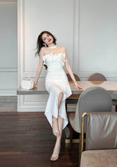 Mesh Halter Ruffled Asymmetrical Hem Dress