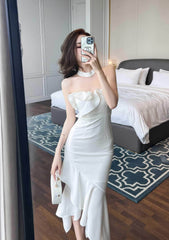 Mesh Halter Ruffled Asymmetrical Hem Dress