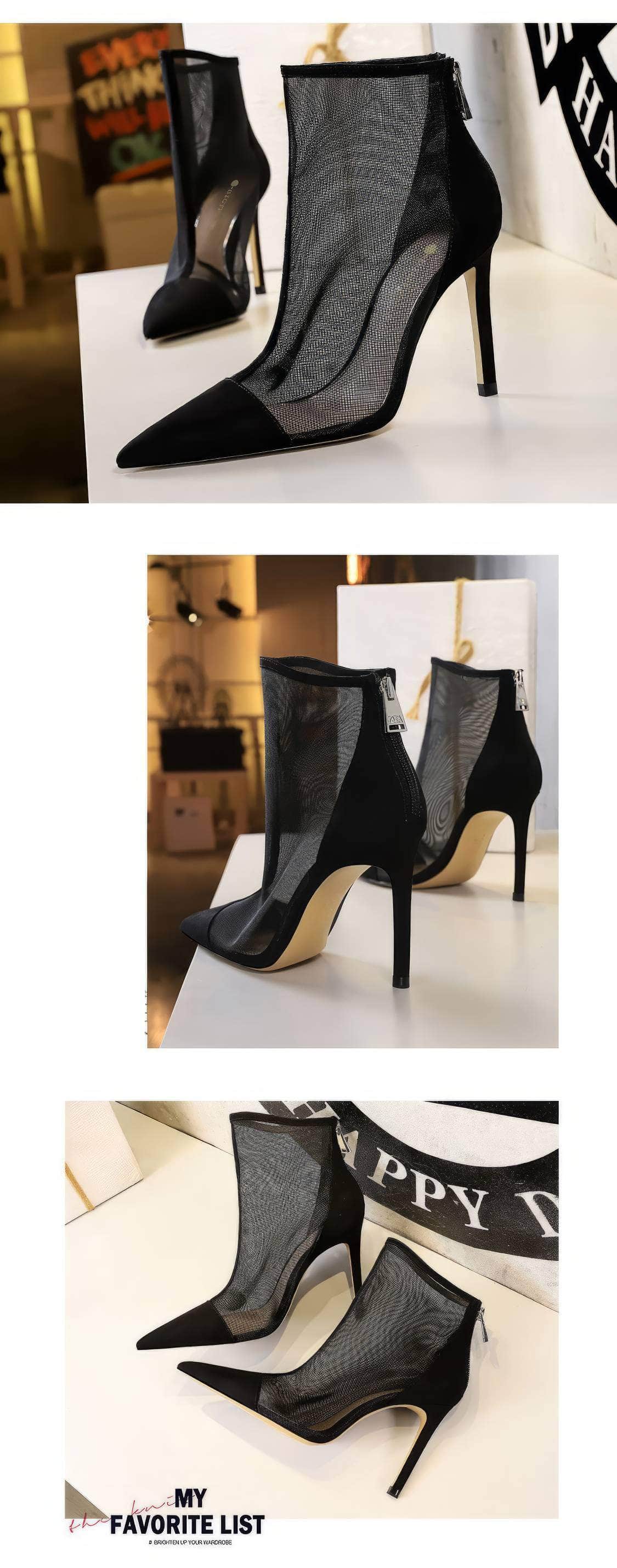 Mesh Pointy Toe Ankle Boots Stiletto Heels
