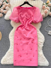 Mesh Puff Sleeves Feather Detailed Midi Dress S / Pink