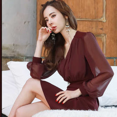 Mesh Puff Sleeves V-Neck Sheath Dress