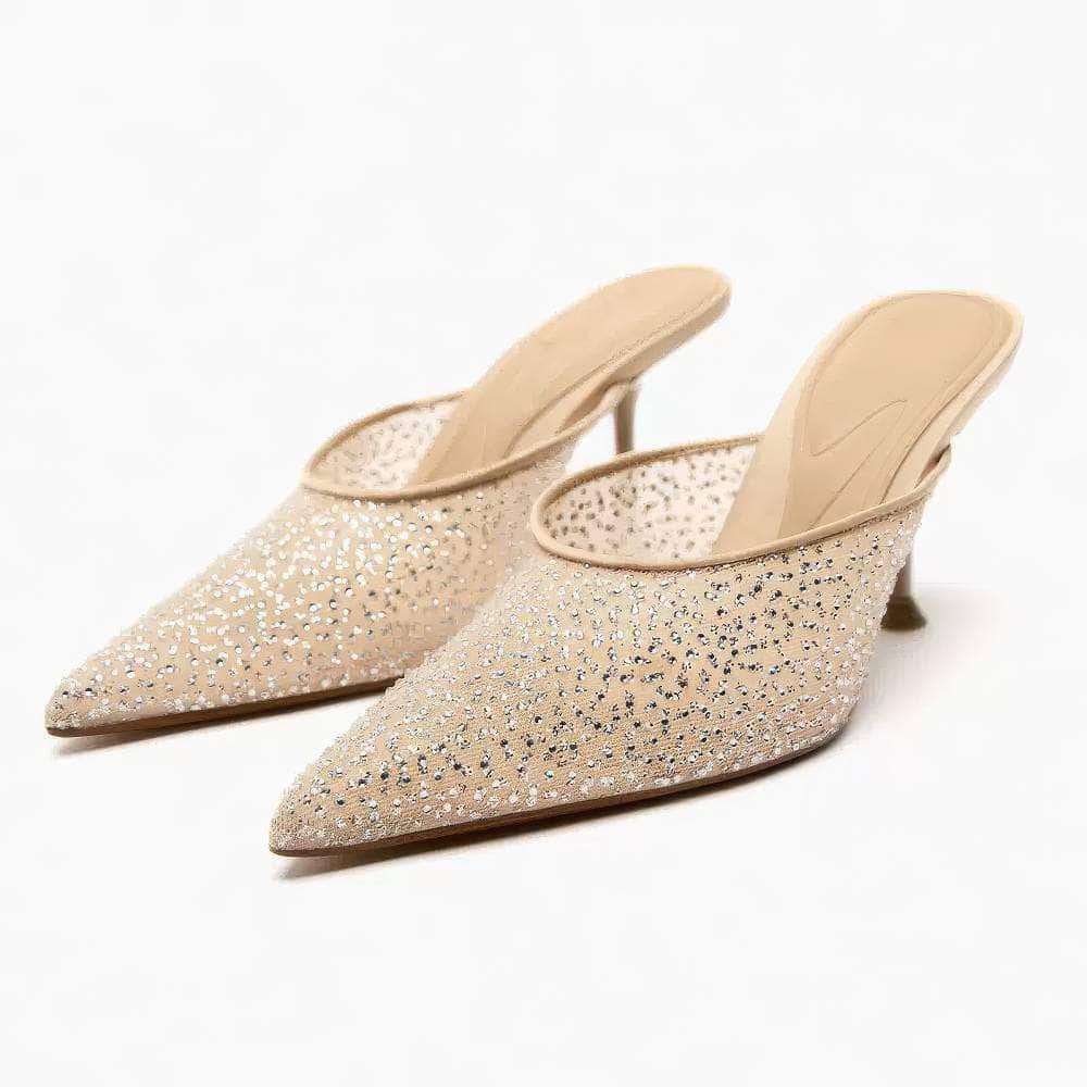 Mesh Sequin Sparkly Pointy Toe Open Back Heels EU 34 / PeachPuff