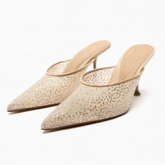 Mesh Sequin Sparkly Pointy Toe Open Back Heels EU 34 / PeachPuff