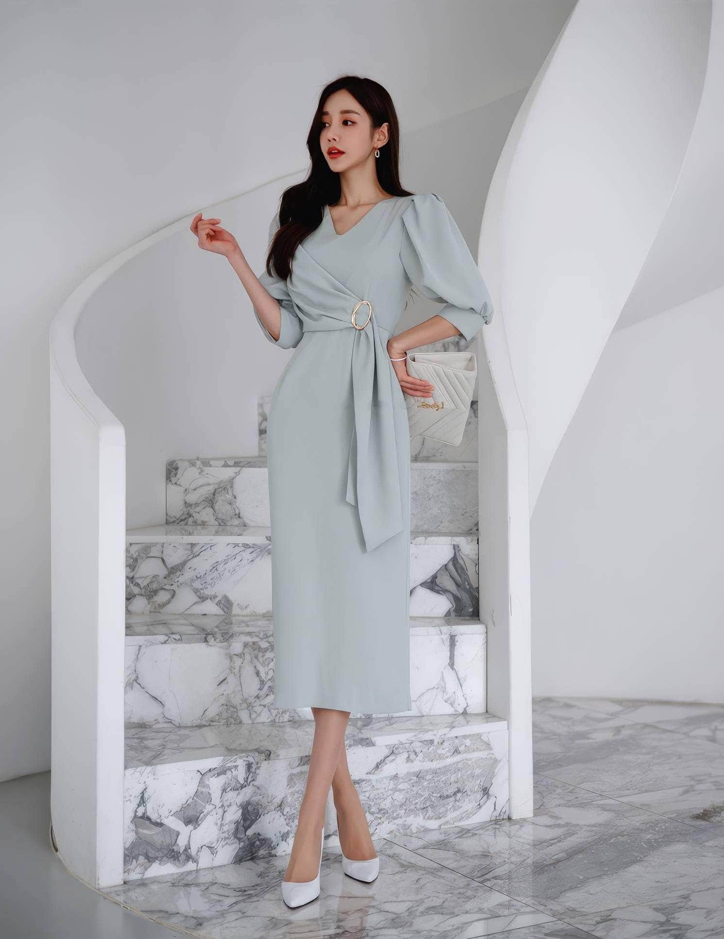 Metal Buckle Sash Detail Lantern Sleeves Dress