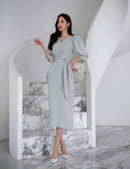 Metal Buckle Sash Detail Lantern Sleeves Dress