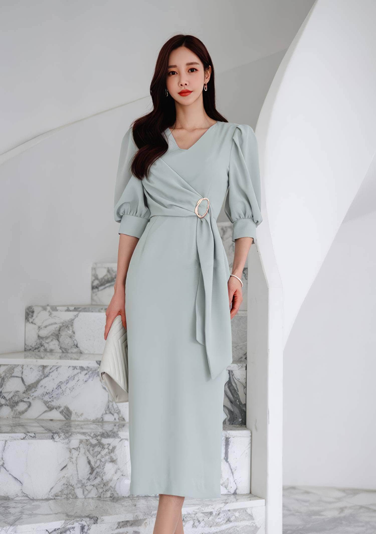 Metal Buckle Sash Detail Lantern Sleeves Dress