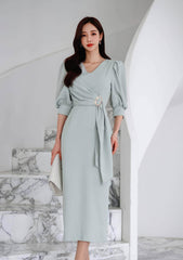 Metal Buckle Sash Detail Lantern Sleeves Dress