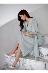 Metal Buckle Sash Detail Lantern Sleeves Dress