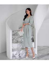 Metal Buckle Sash Detail Lantern Sleeves Dress