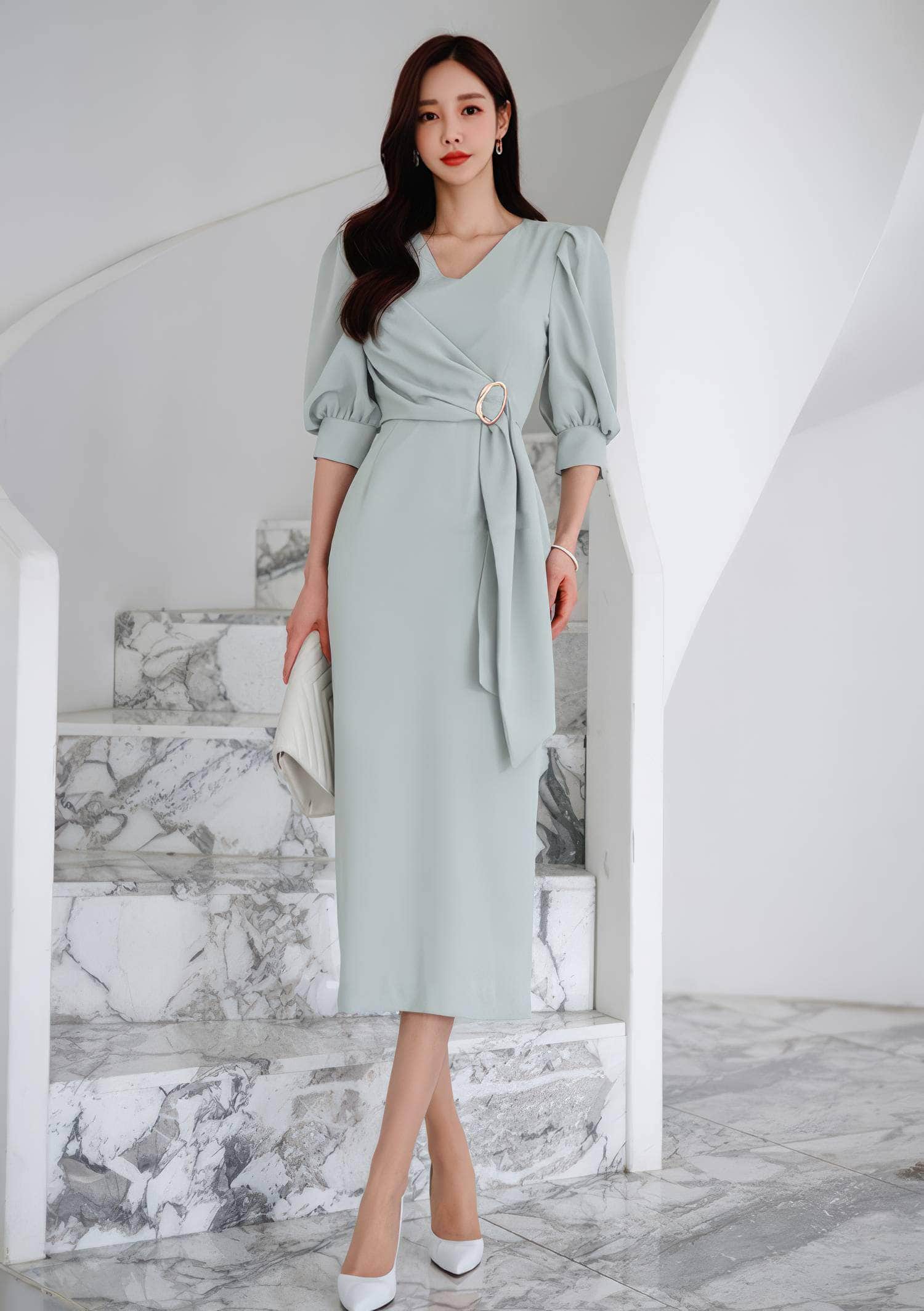Metal Buckle Sash Detail Lantern Sleeves Dress