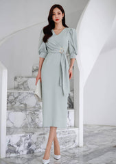 Metal Buckle Sash Detail Lantern Sleeves Dress