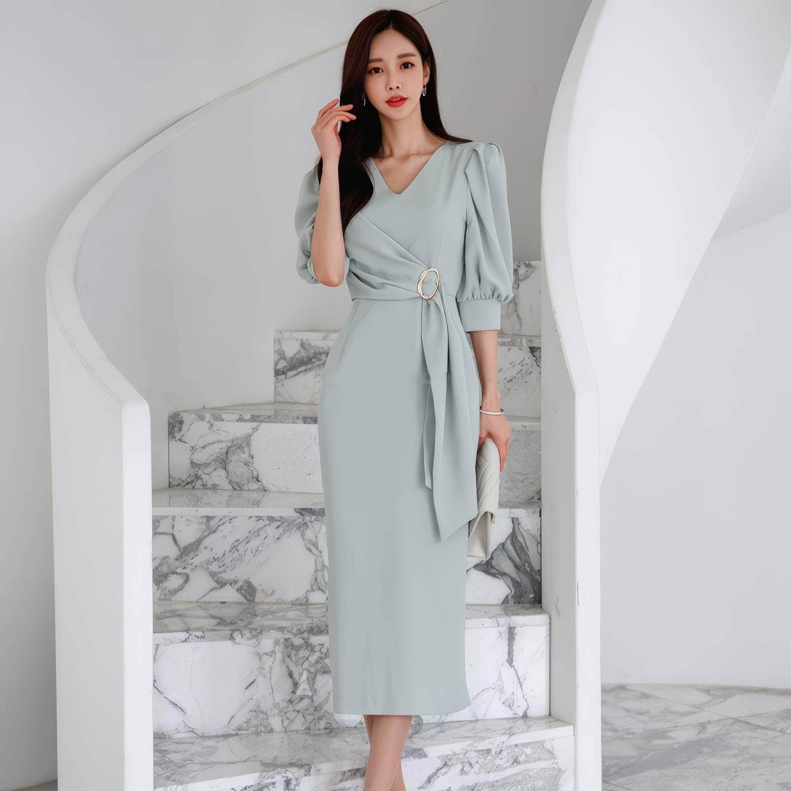 Metal Buckle Sash Detail Lantern Sleeves Dress