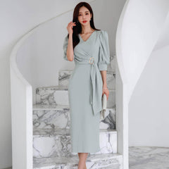 Metal Buckle Sash Detail Lantern Sleeves Dress