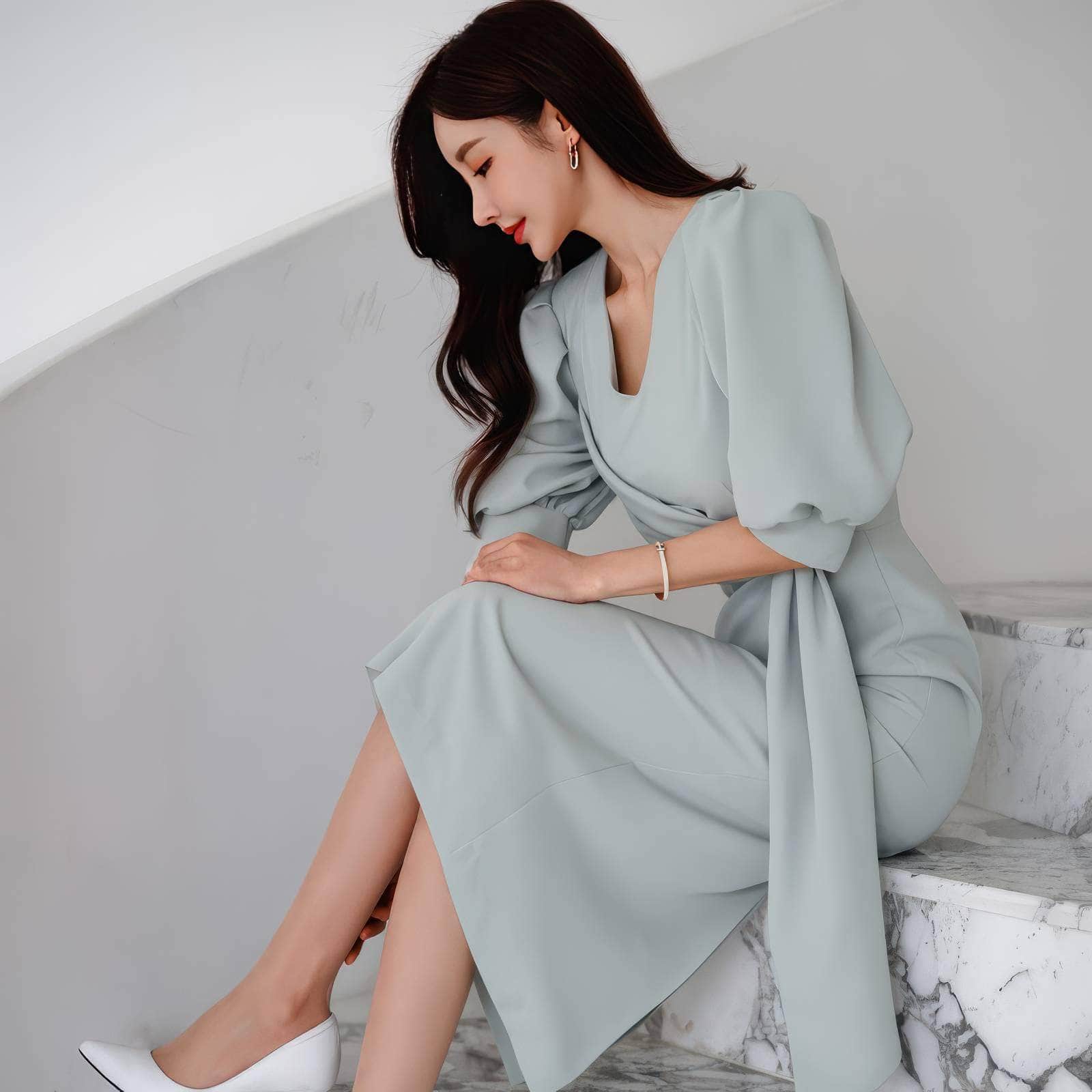 Metal Buckle Sash Detail Lantern Sleeves Dress